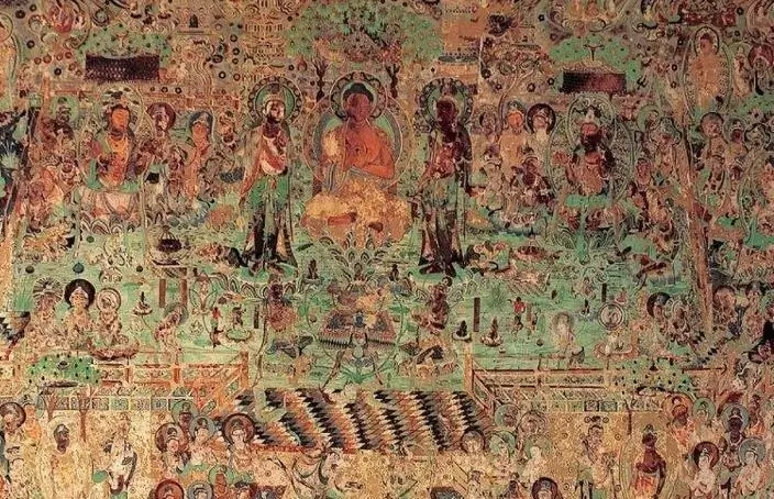 A detailed Dunhuang cave mural showing a central Buddha surrounded by numerous figures.