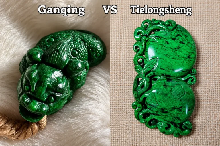 Ganqing and Tielongsheng jadeite pendants, with Ganqing darker green on the left
