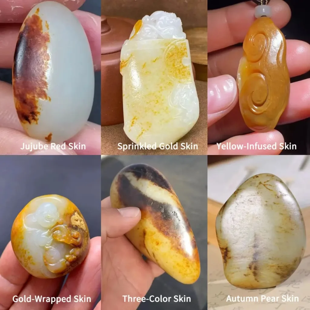 Six Hetian jade seed jade skin colors: jujube red, sprinkled gold, yellow, gold-wrapped, three-color, and autumn pear.