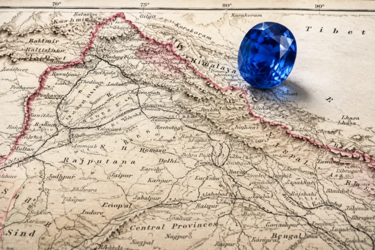 Kashmir sapphire positioned on a map showing its geographic origin