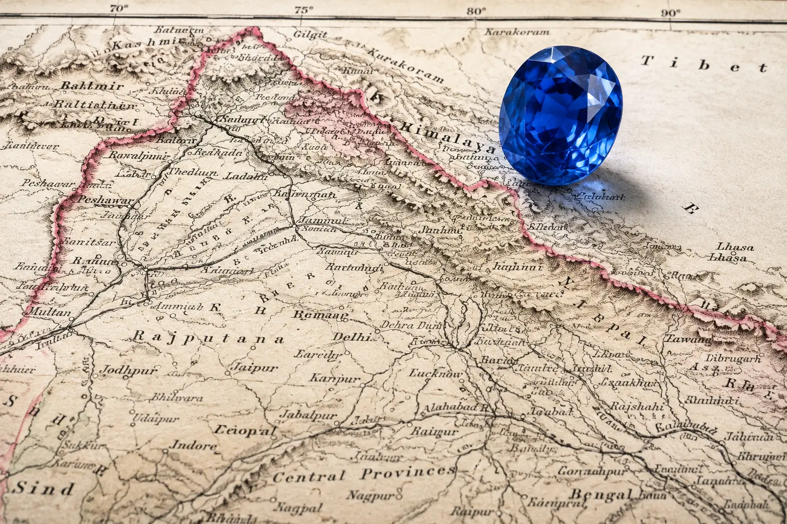 Kashmir sapphire positioned on a map showing its geographic origin
