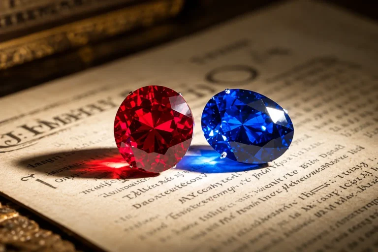 Two natural oval-cut gemstones, a ruby and a sapphire, displayed on an English magazine.