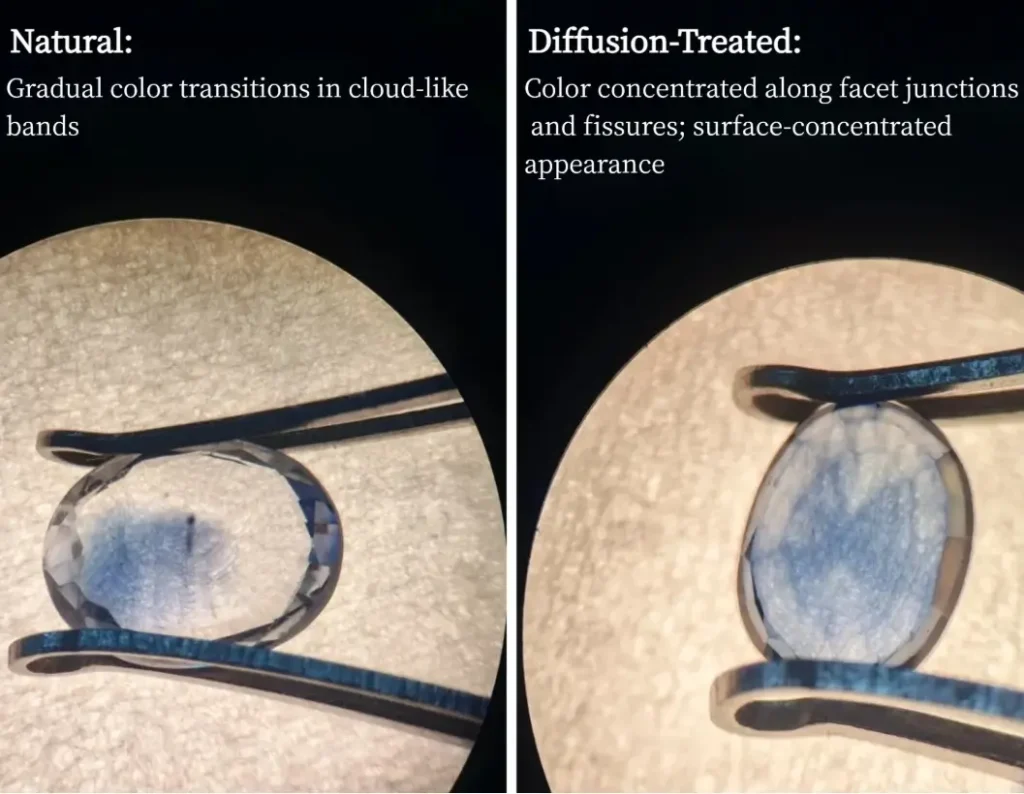 Magnified comparison of natural sapphire with gradual color bands and diffusion-treated sapphire with surface color concentration.