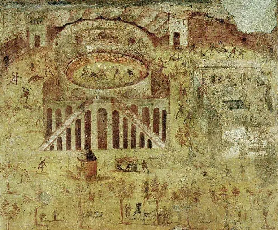 Ancient Roman fresco depicting a crowded amphitheatre scene in earthy yellow and brown natural mineral pigments.