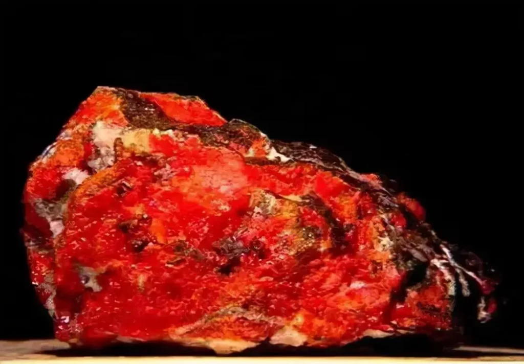 A raw realgar natural mineral specimen with a vivid orange-red color and lustrous surface.