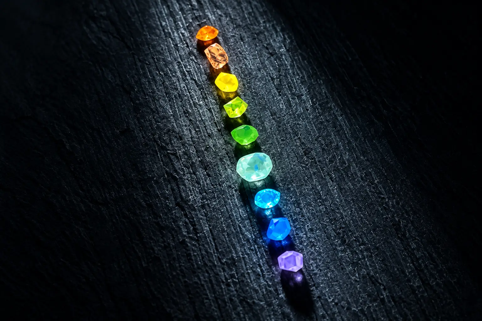 Rough diamonds showing blue, yellow, green, violet, and orange-red fluorescence on a black background.