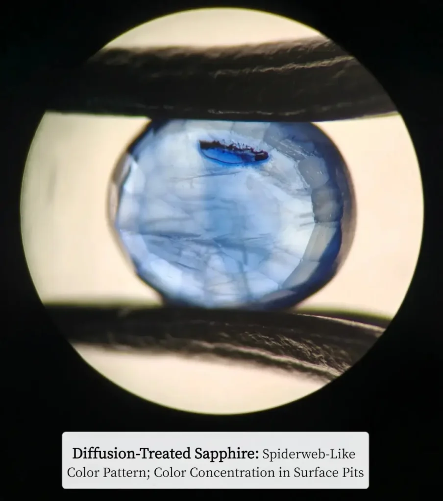 Microscopic view of Type I diffusion-treated sapphire showing spiderweb-like color distribution and concentrated color in surface pits.