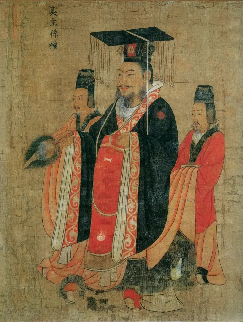 Tang Dynasty painting of Sun Quan with two attendants.