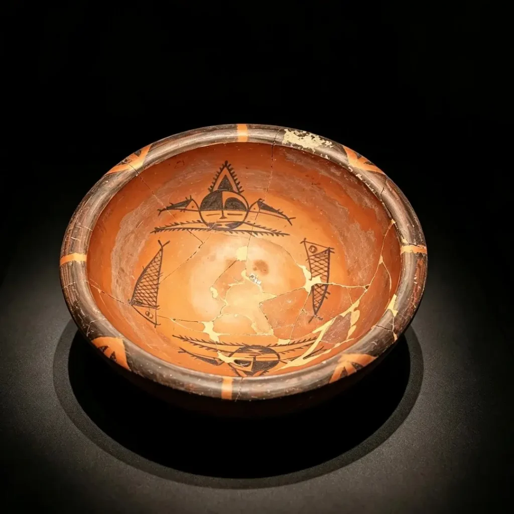 Yangshao painted pottery basin with a human face and fish motifs.