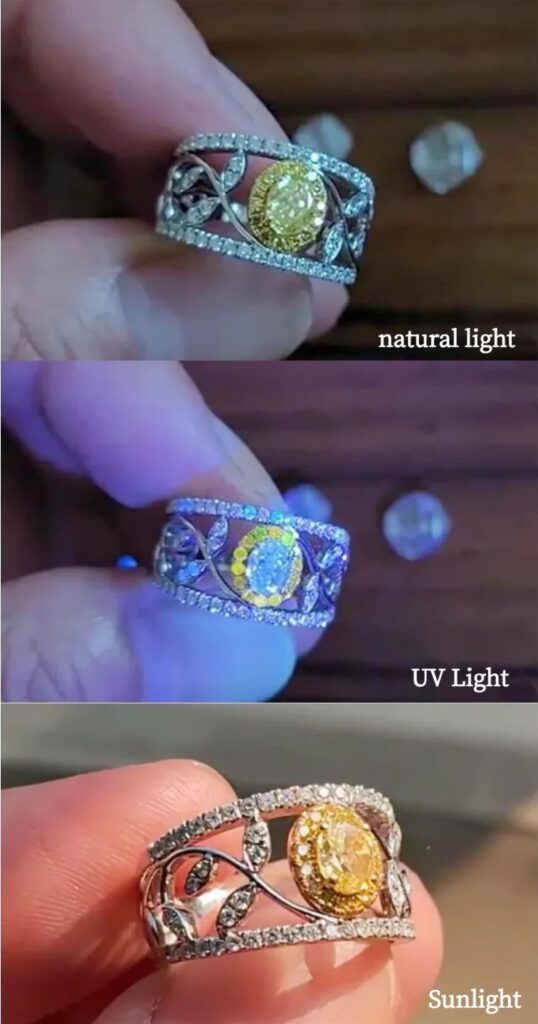 Yellow diamond ring with small diamonds shown under natural, UV, and sunlight