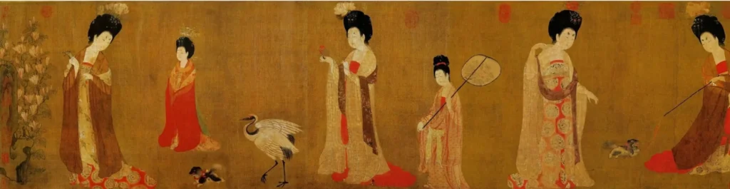 Tang Dynasty painting of court ladies, attendants, a crane, and a small dog.
