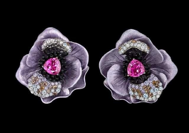 Anabela Chan's Lavender Bloom drop earrings feature gemstones set in a flower-inspired aluminum base.