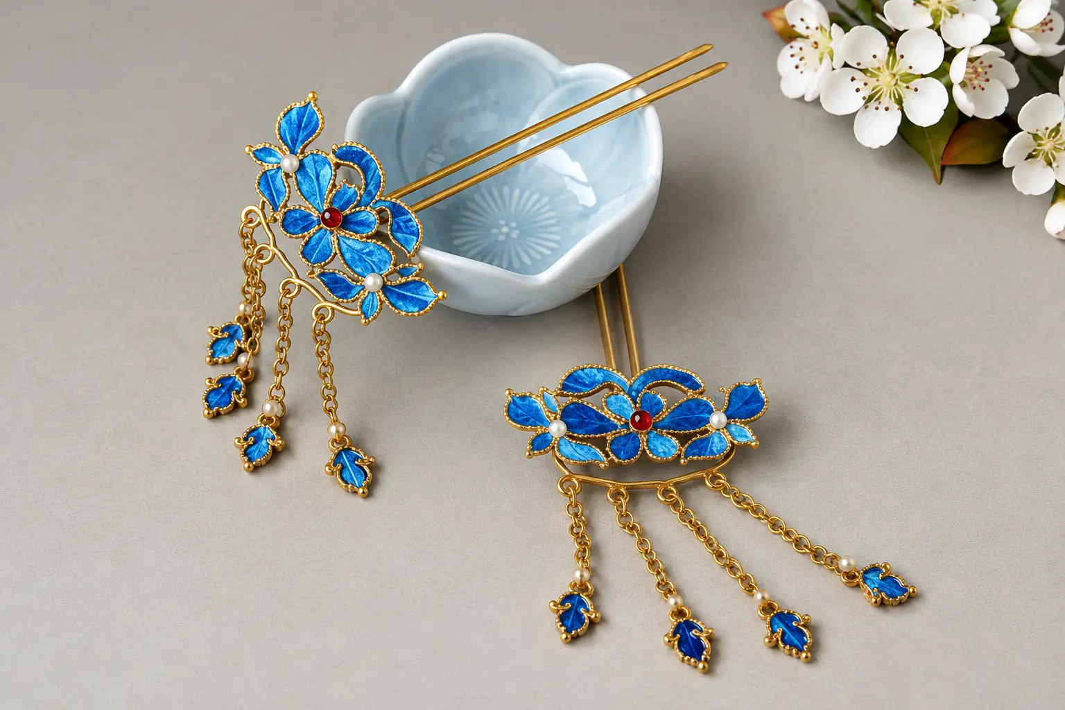 A pair of handmade metal hairpins with blue satin ribbon imitating traditional Chinese Diancui.
