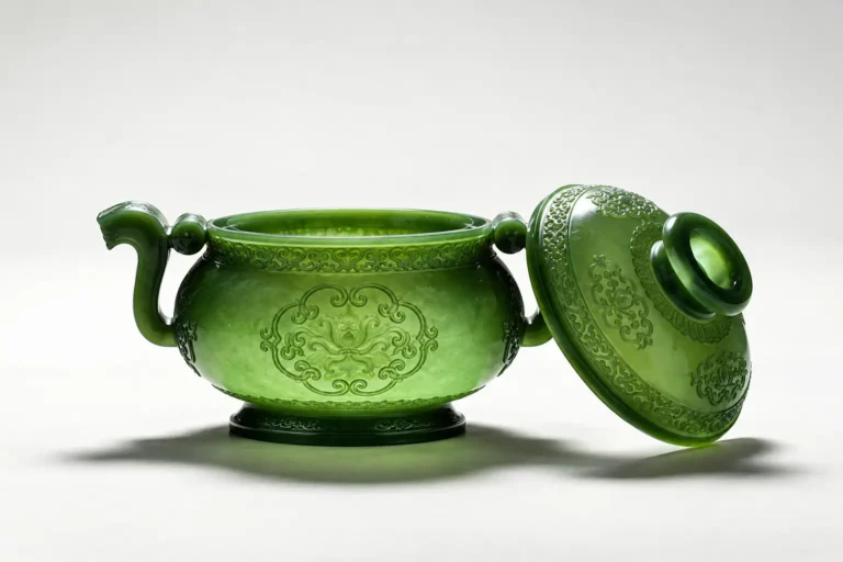 Green nephrite thin-walled teapot with a lid, translucent walls, and traditional Chinese carvings