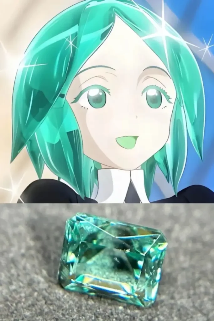 Phosphophyllite anime character above a 2.62 ct high-quality faceted phosphophyllite gemstone.