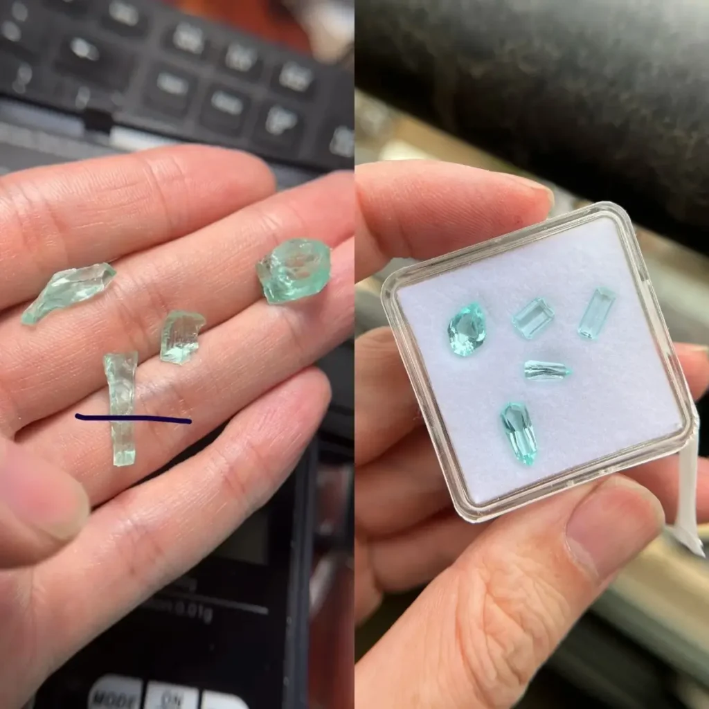 Four rough phosphophyllite stones beside five faceted gemstones after careful polishing.