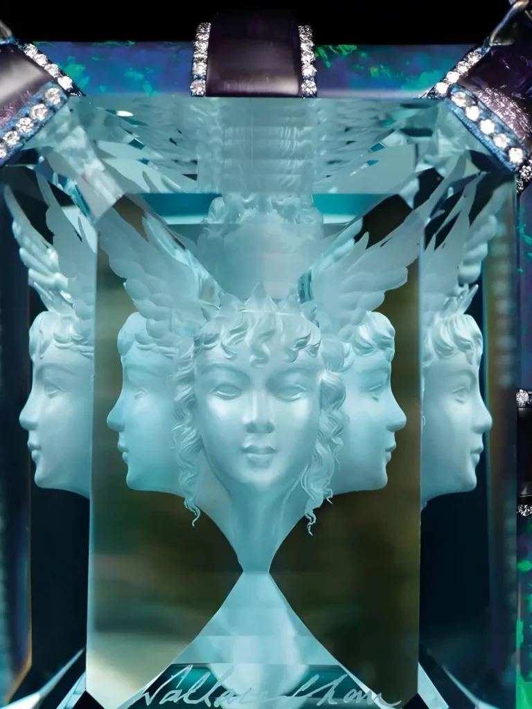 Close-up of Wallace Chan’s aquamarine reverse carving, with multiple reflected images visible through the gemstone’s facets.